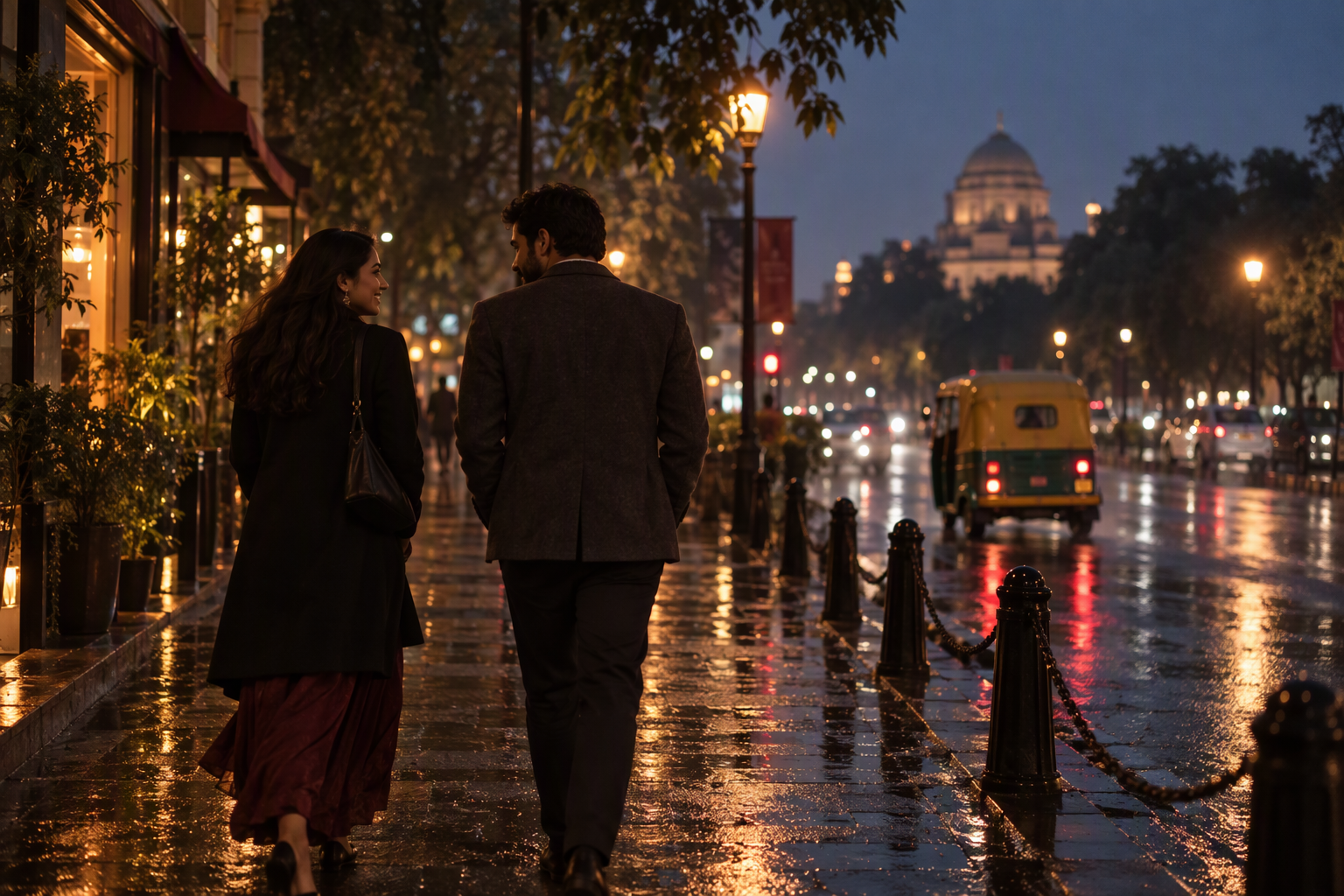 An illustrative scene of two adults walking together on a rain-lit city street
